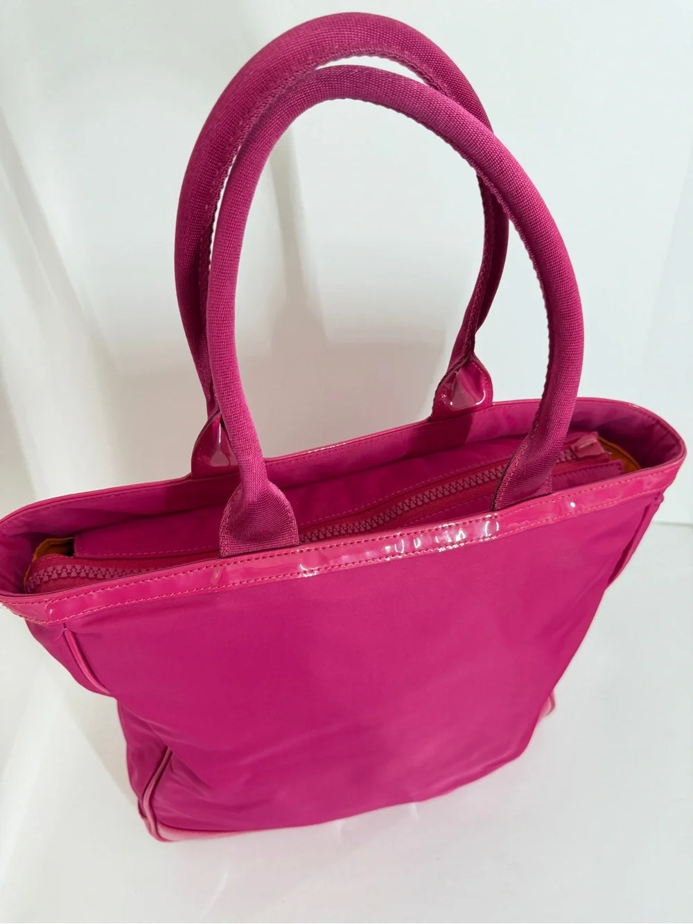 Tory Burch Womens Nylon Tote Bag Hot Pink Patent Trim Handbag Travel Work Casual